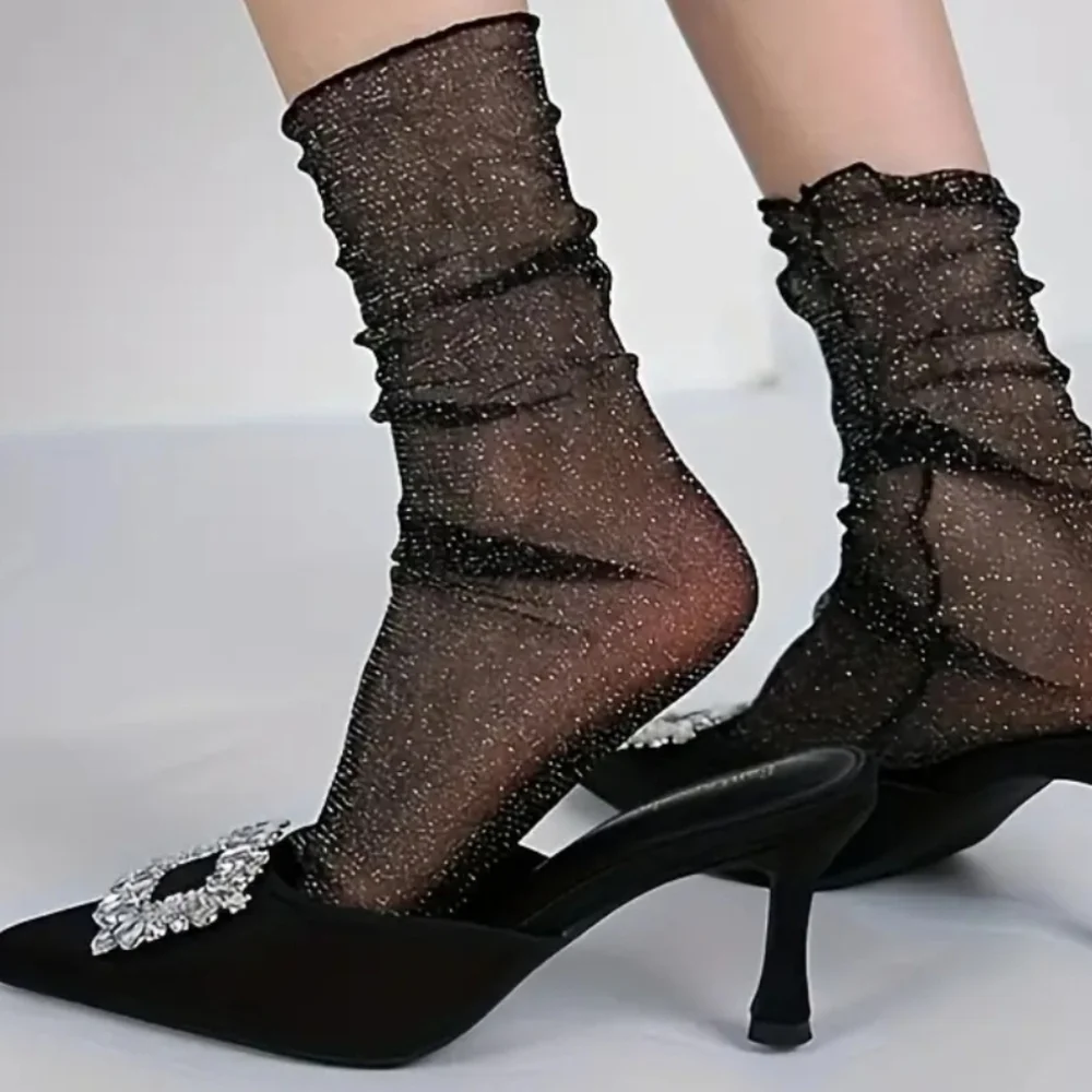 Elegant Black Shimmer Mesh Mid-Calf/Ankle Socks With Back Seam